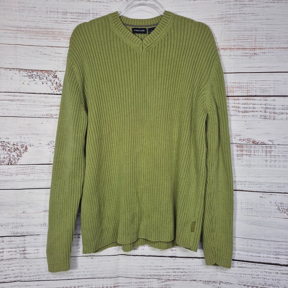Structure Mens XL Green Ribbed V-Neck Sweater 100% Cotton Long Sleeve Sage